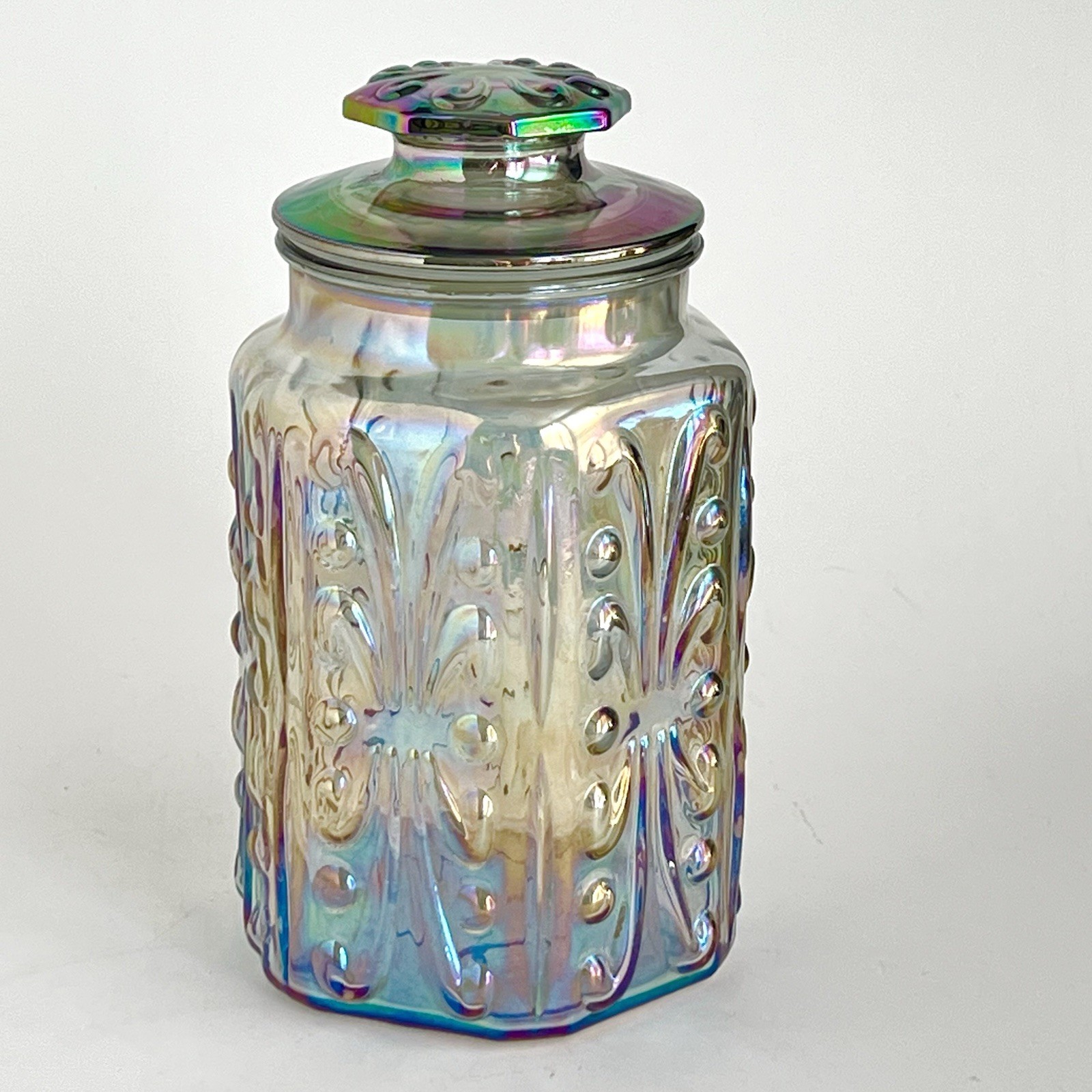 LE Smith Imperial Atterbury Scroll Iridescent Carnival Glass Canister Jar 9” Vtg