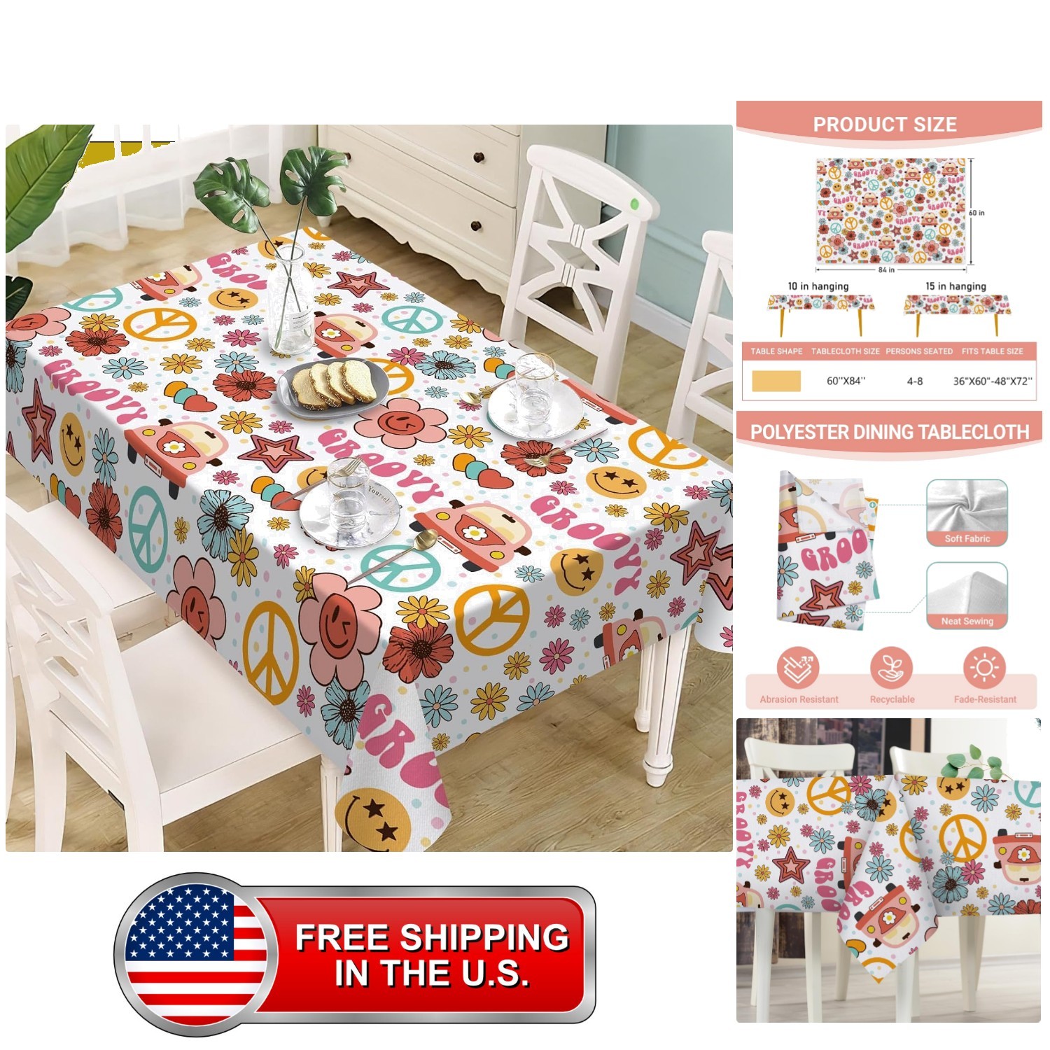 Retro Groovy Hippie Rectangle Tablecloth 60\'\' x 84\'\', Vintage Hippy