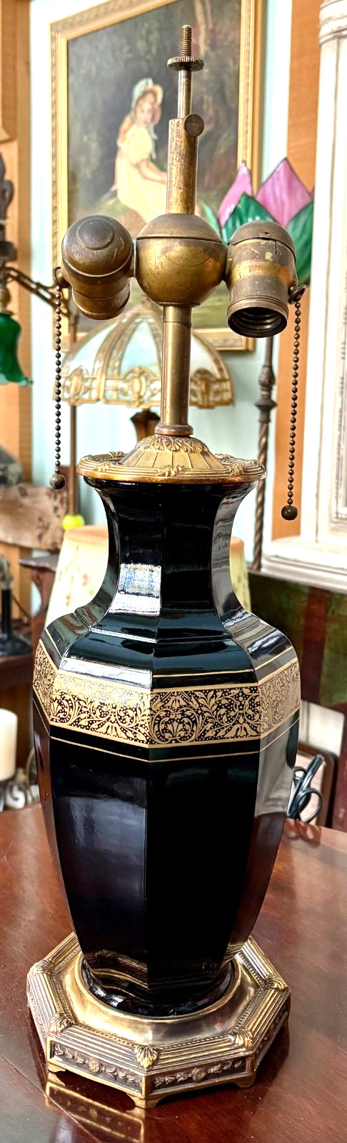 Antique M. S. Co Lamp with Moser Black Hyalith Gilt Enameled Glass Vase Base