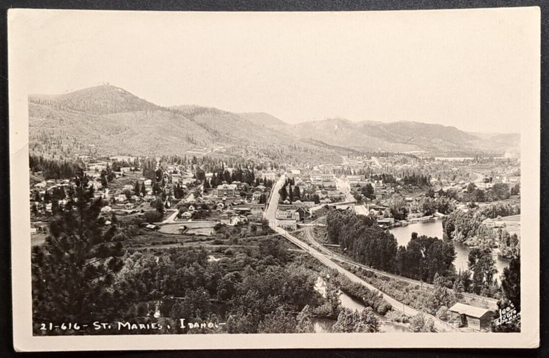 St Maries Idaho RPPC -  Aerial View of Town River & Mountains 1930s Real Photo