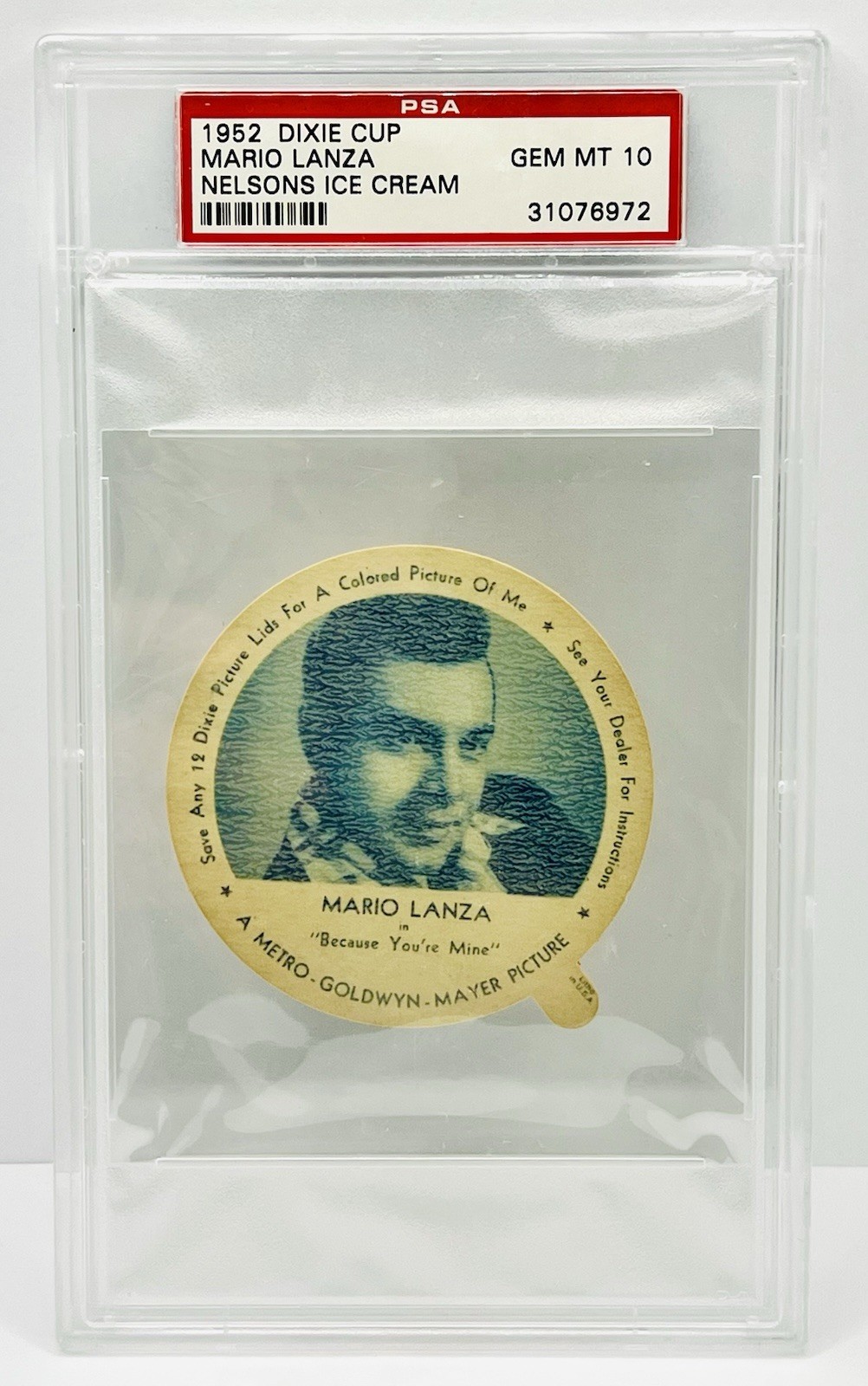 1952 Dixie Cup Mario Lanza Nelsons Ice Cream PSA 10 Gem Mint Pop 3