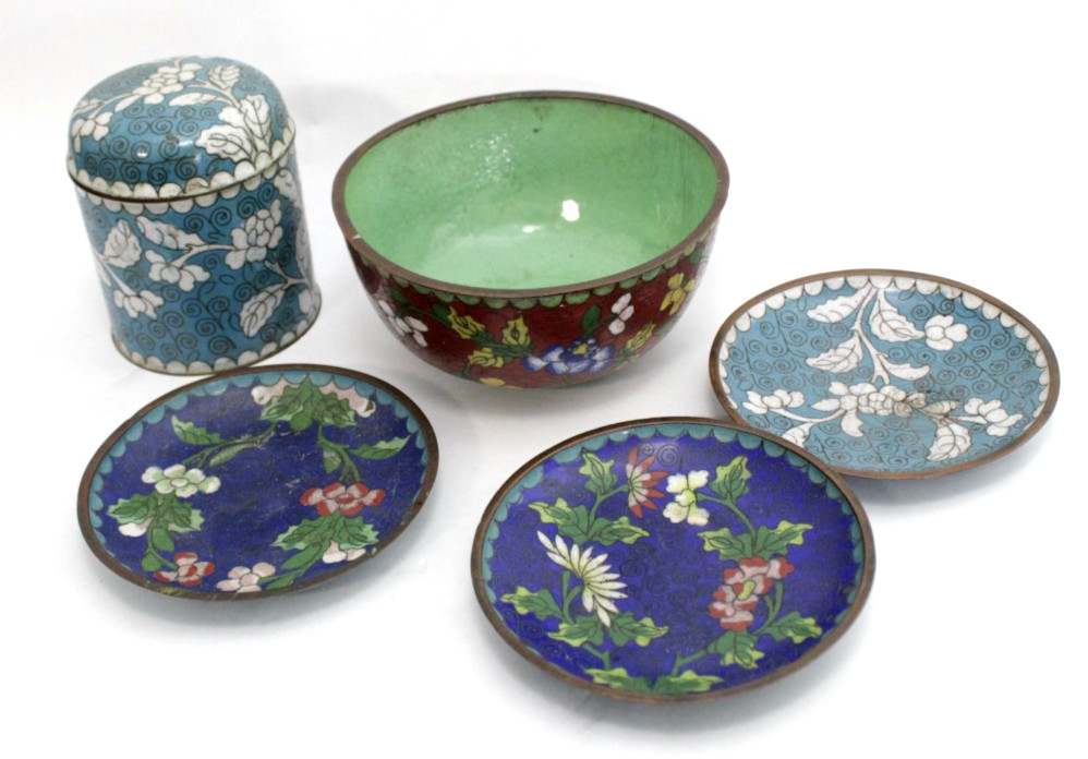 VTG Cloisonne Cigarette Box Container Jar w/ 3Ashtrays /bowl Chinese 1930\'s