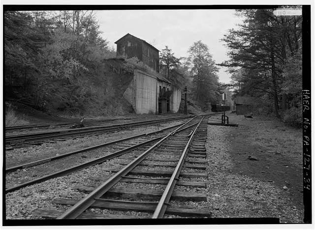 34. View south to Coal Tipple, Stub Switch in foreground - East Broad Top