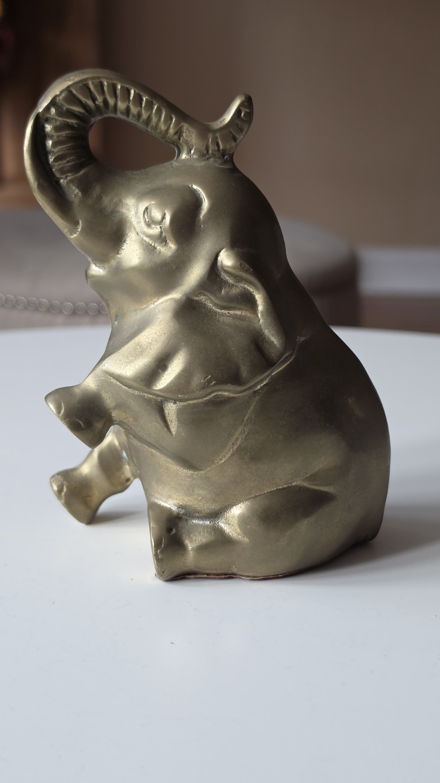 Vintage Solid Brass Sitting Elephant Figurine With Raised Trunk