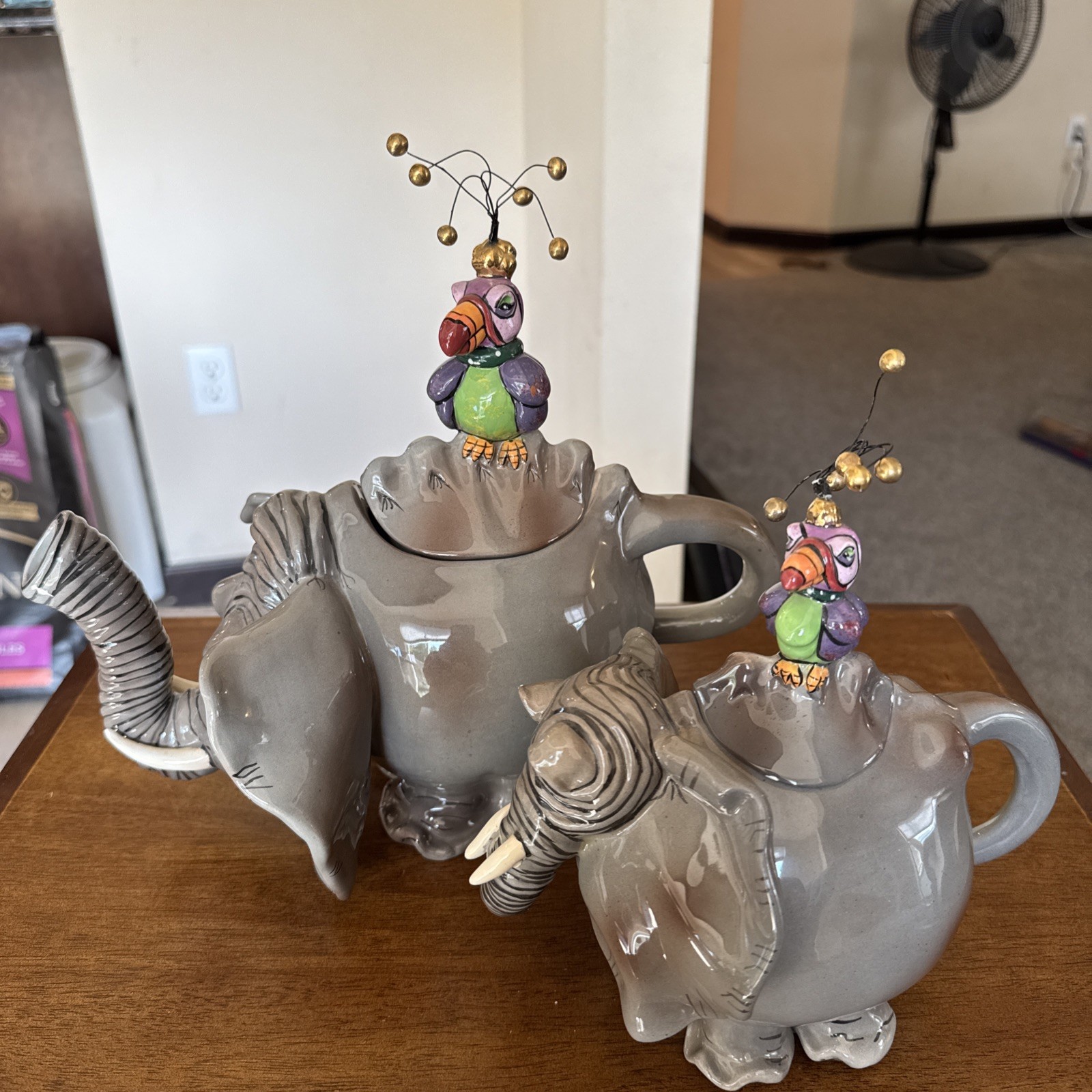 SWAK Lynda Corneille Elephant Teapot Sugar Bowl with Bird Lid Parrot Collectible