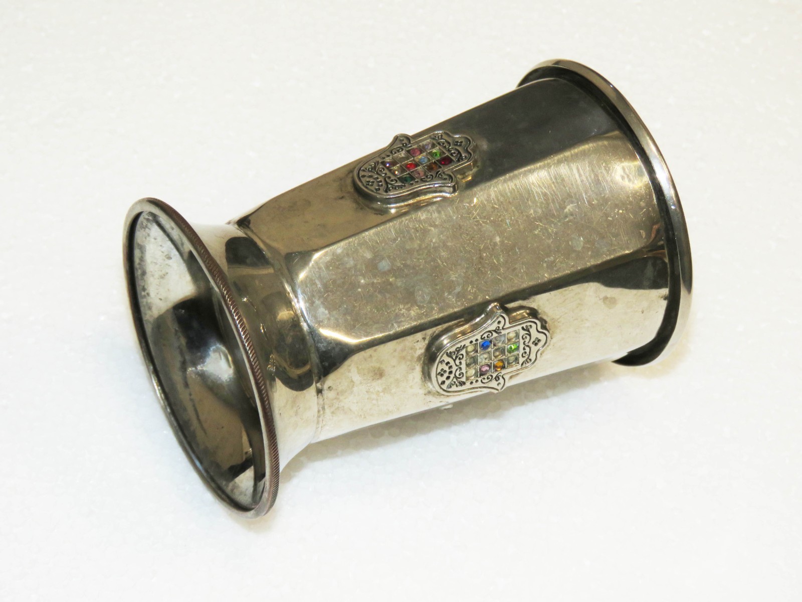 Beautiful Judaica Kabalistic Cup Silver plated with Hebrew Writing, amulet.
