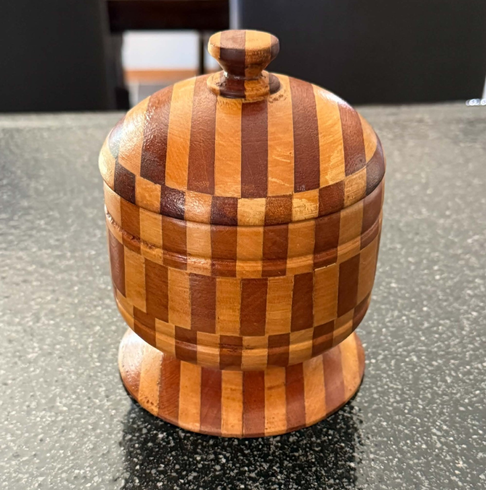 Wood Lidded Jar Hand Turned Segmented Vintage Checkerboard Trinket Box Keepsake