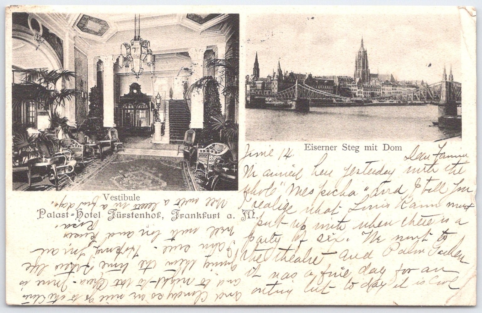 1905 Frankfurt Germany Palast-Hotel Fürstenhof & Eiserner Steg Postcard