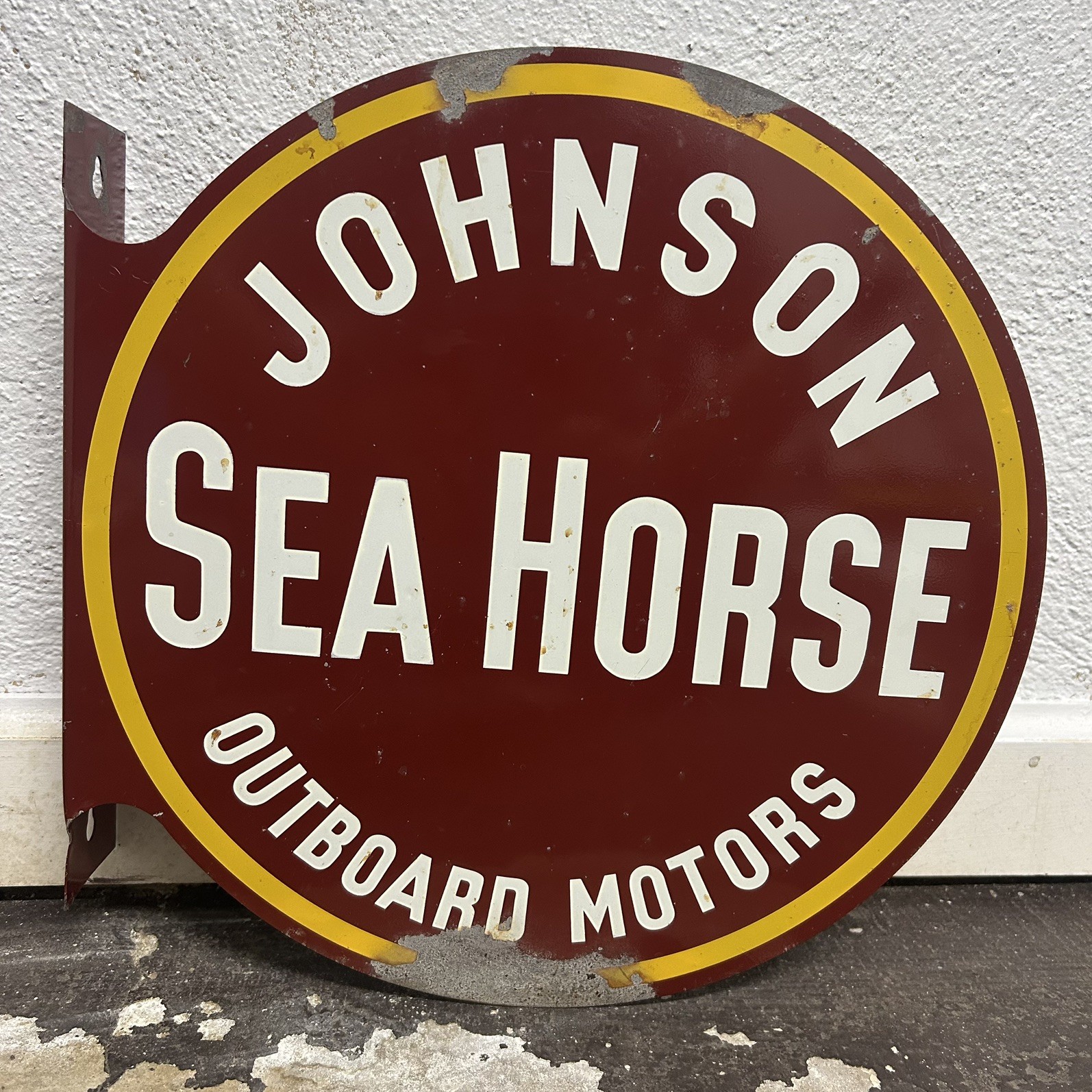 Vintage Johnson Sea Horse Outboard Motors Marine Double Sided Flange Metal Sign