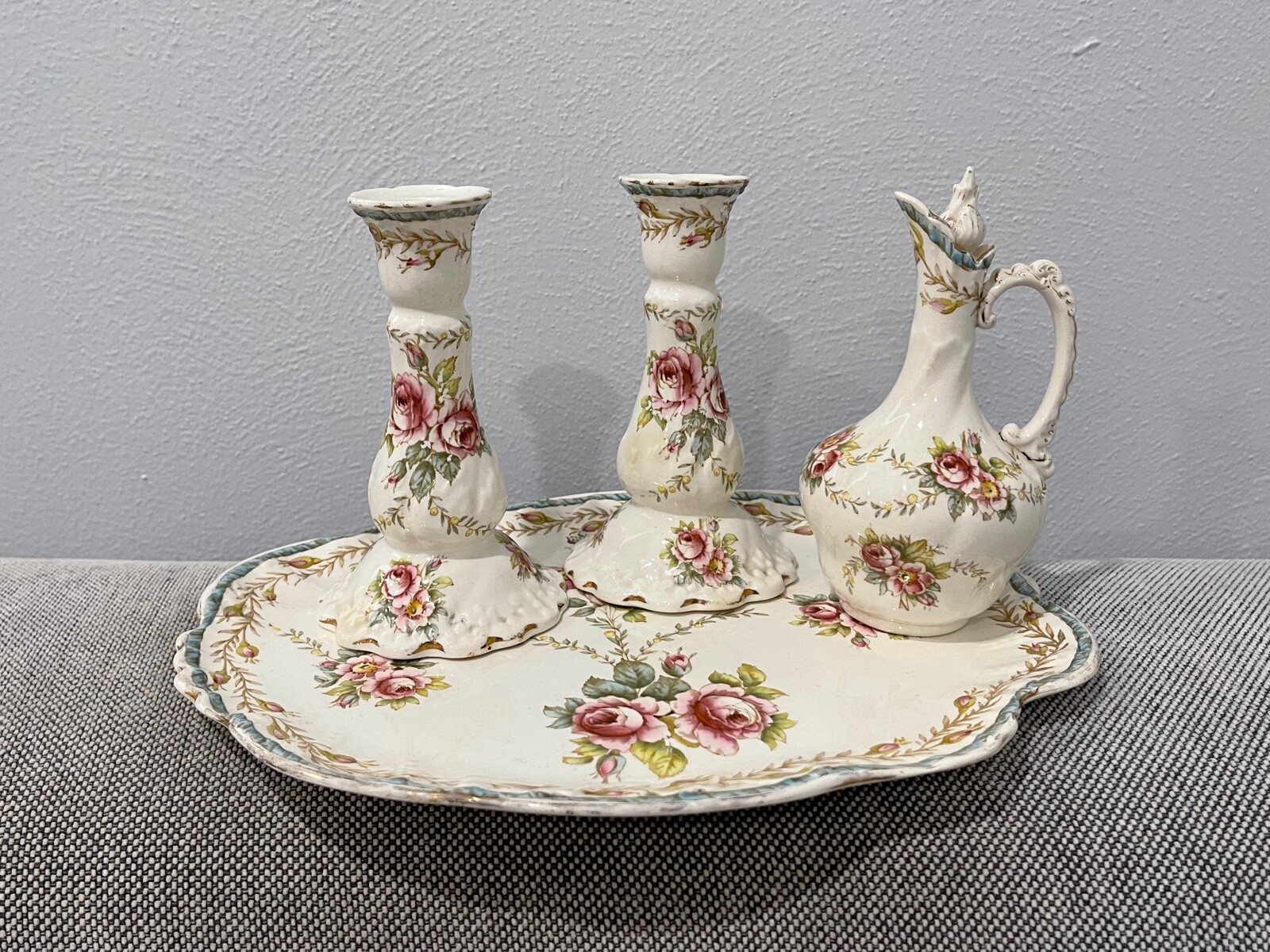 Antique Likely English Dresser Vanity Set Tray Candle Holders & Perfume Bottle