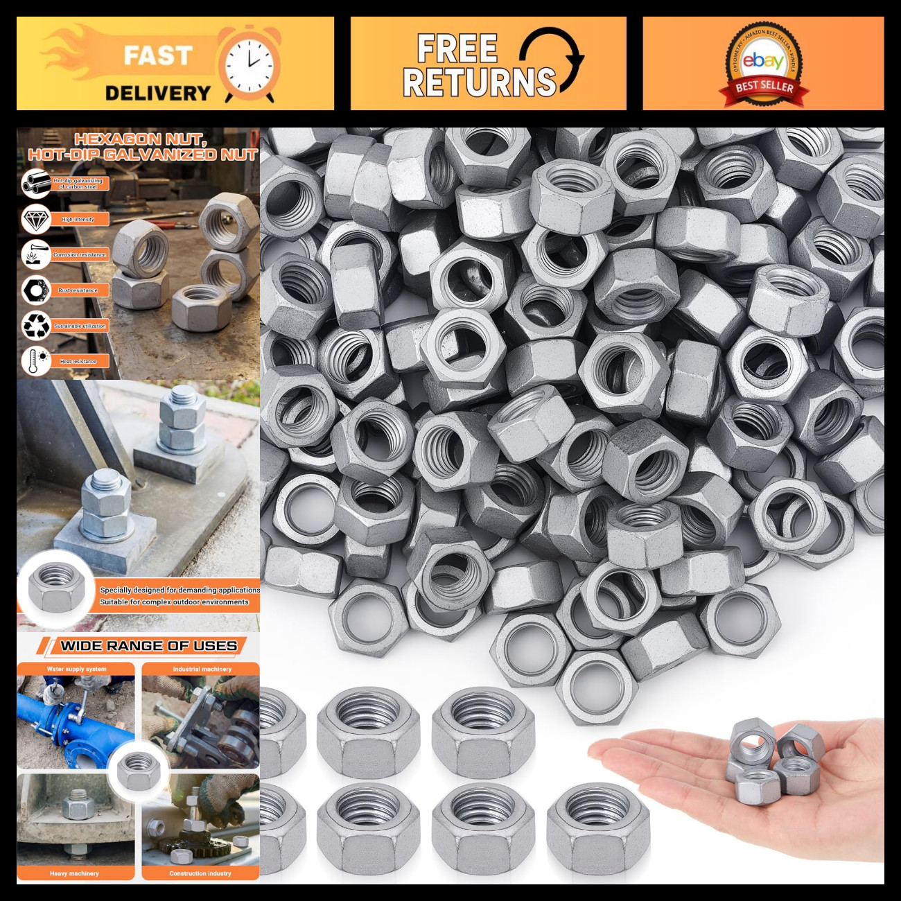 Yaocom 100 Pack 5/8''-11 Hex Nuts Bulk Hot-Dipped Galvanized, Steel Coarse