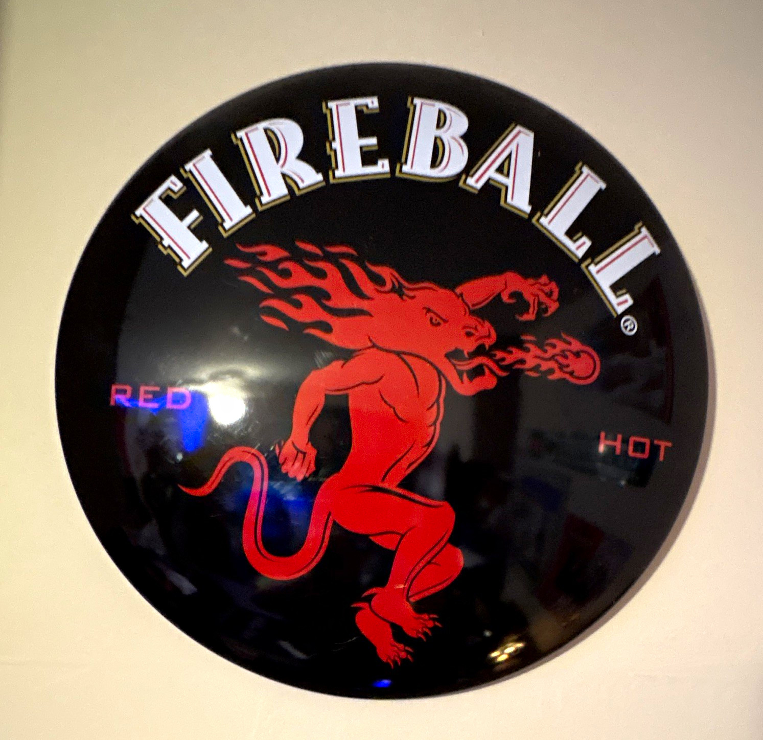 Fireball Red Hot Distillery Advertising Sign - Round Black & Red