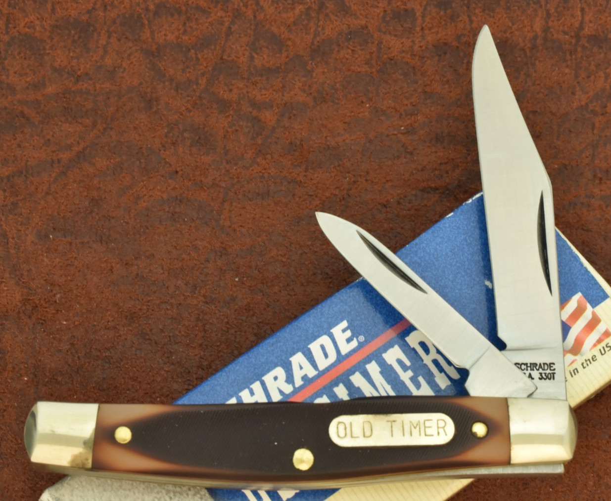 VINTAGE NOS SCHRADE MADE IN USA SAWCUT BROWN DELRIN OLD TIMER JACK KNIFE 33OT