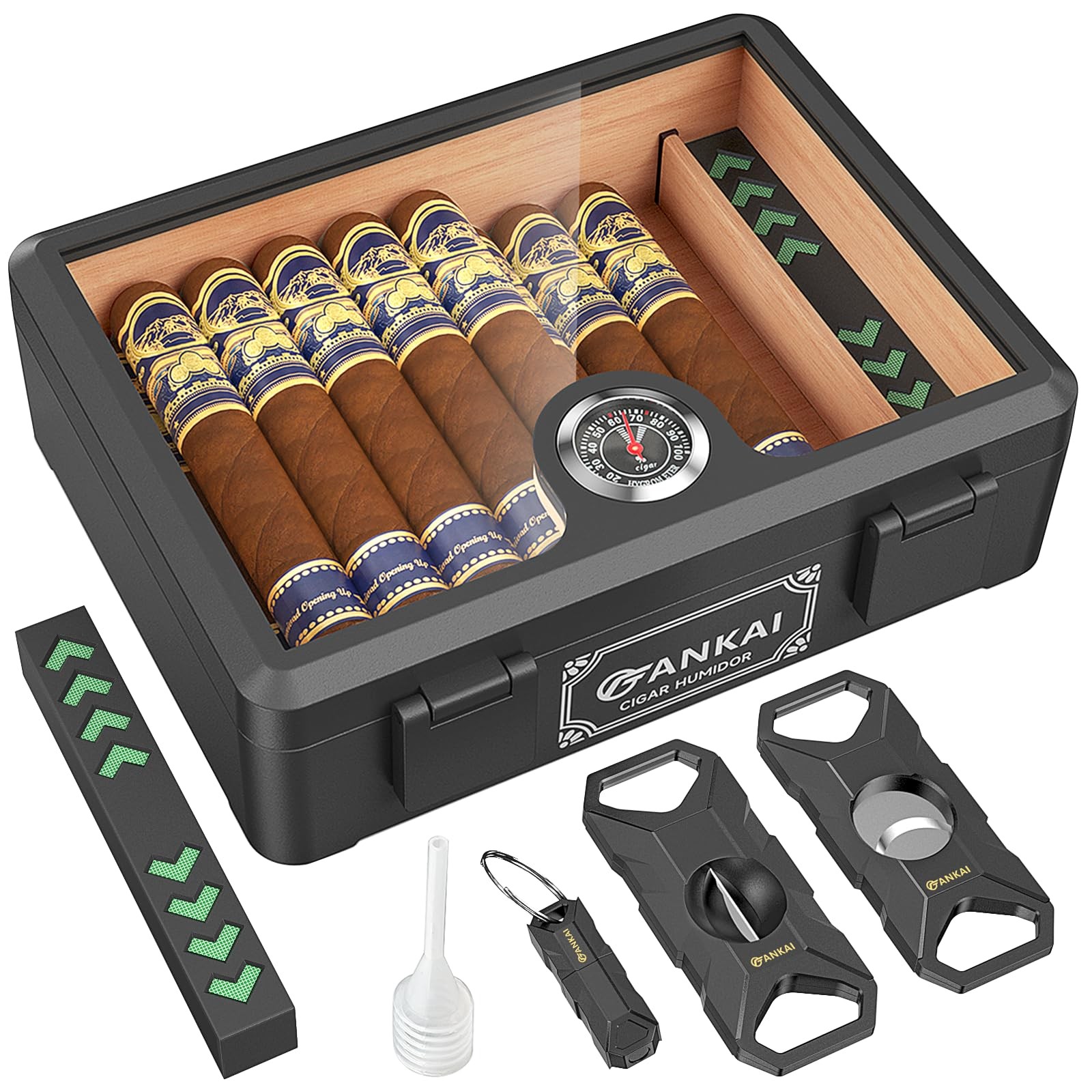 Glass Top Cigar Humidor Box Black Cedar Lining, Humidifier, Hygrometer