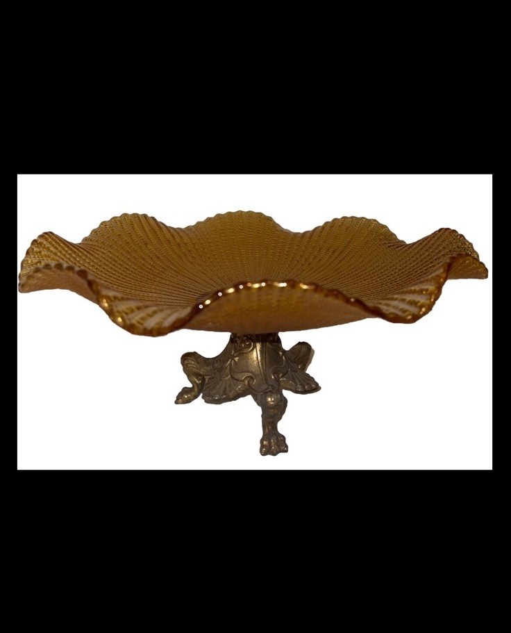 Nice Antique Fenton glass Ruffled Pedestal ￼bowl with a brass Claw Foot 