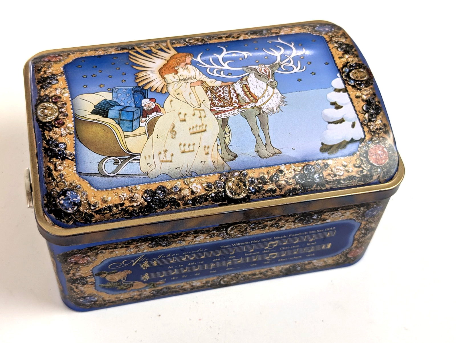 Vintage Lebkuchen Schmidt German Christmas Music Box Tin Angel Sleigh