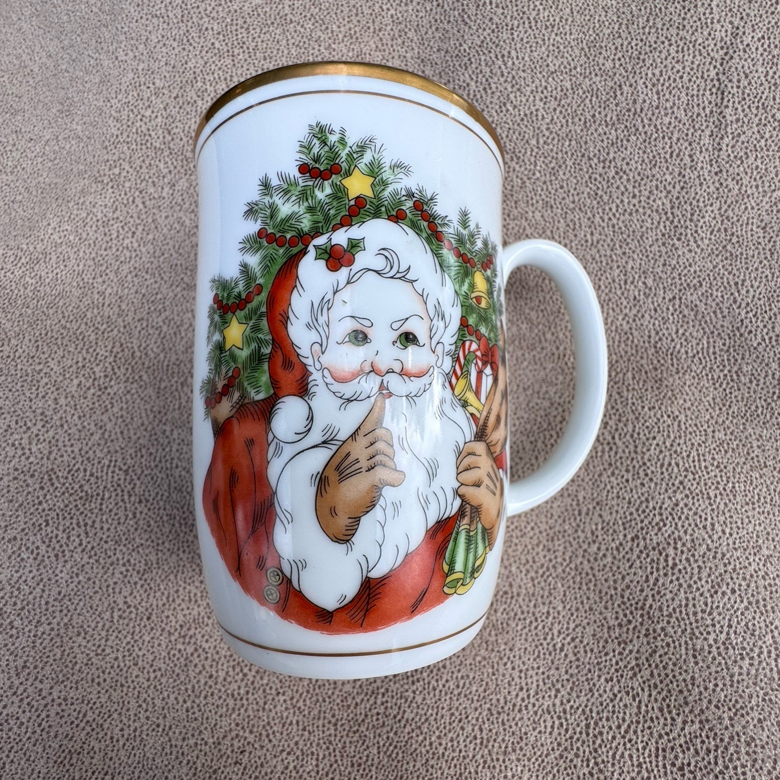 Vintage 1978 Fitz and Floyd St Nicholas Mug Christmas Coffee Cup Shushing Santa