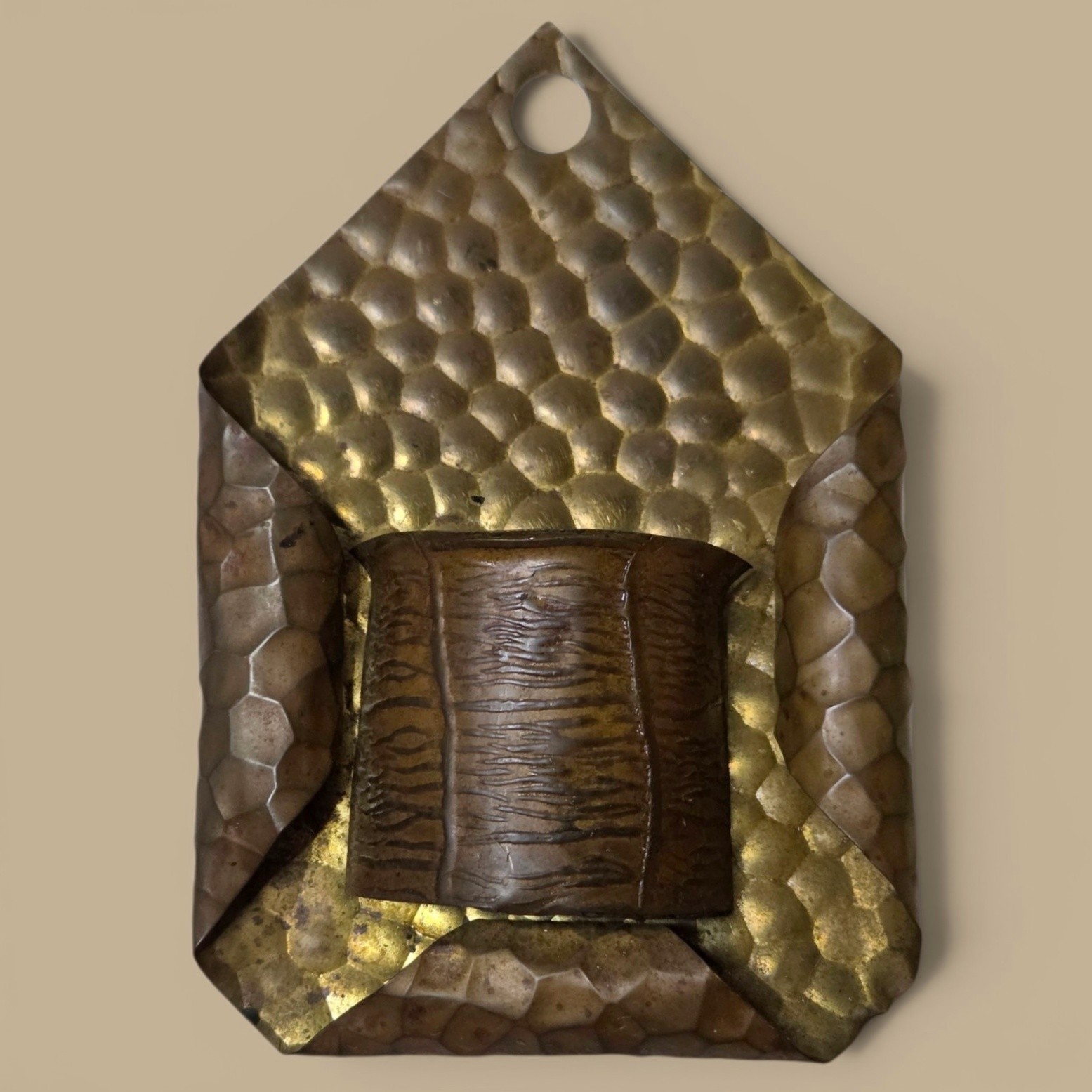 Antique Arts & Crafts Mission Hammered Brass Copper Wall Match Holder Match Safe