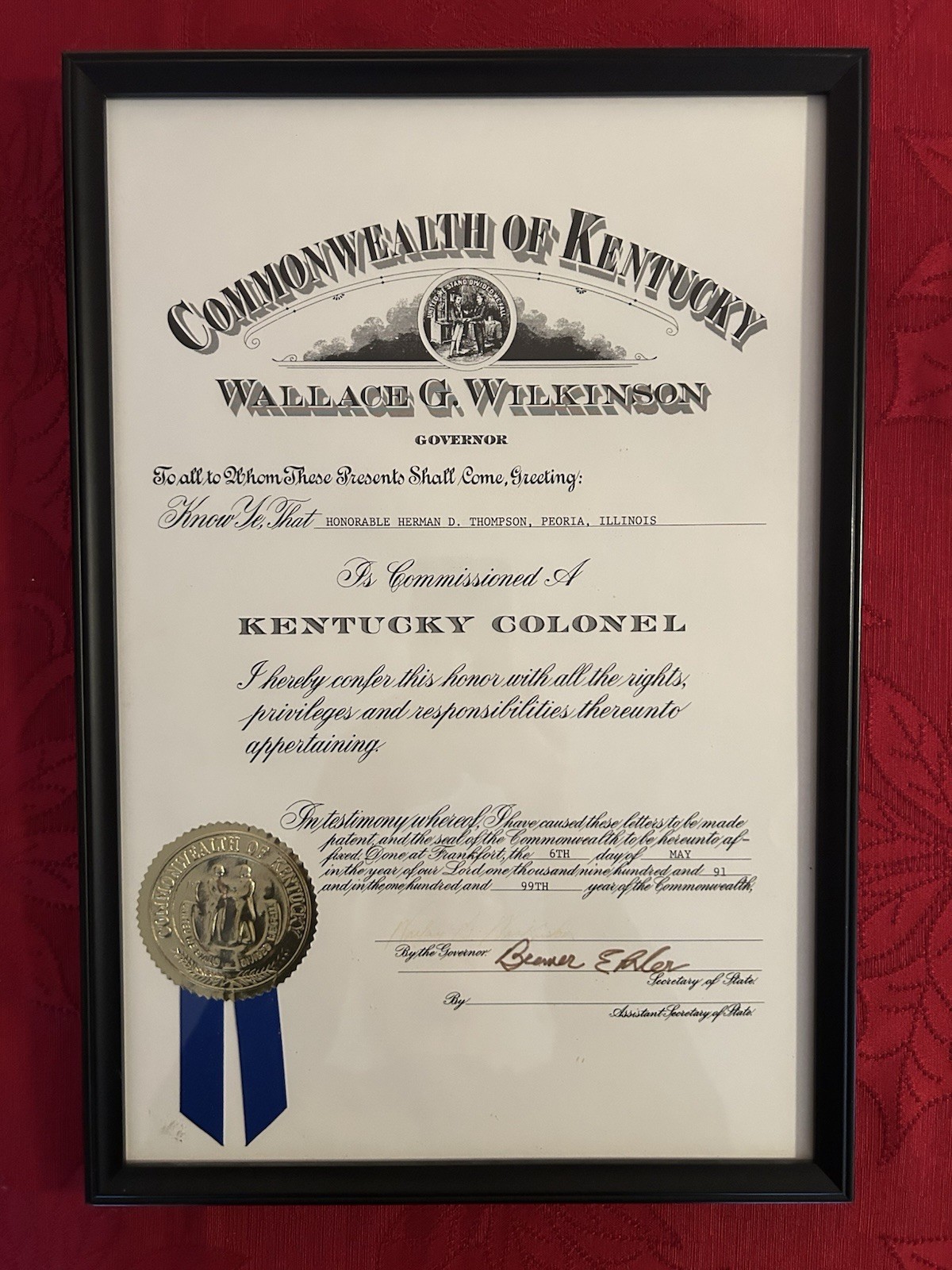 1991 COMMONWEALTH OF KENTUCKY COMMISSION of a KENTUCKY COLONEL, Framed