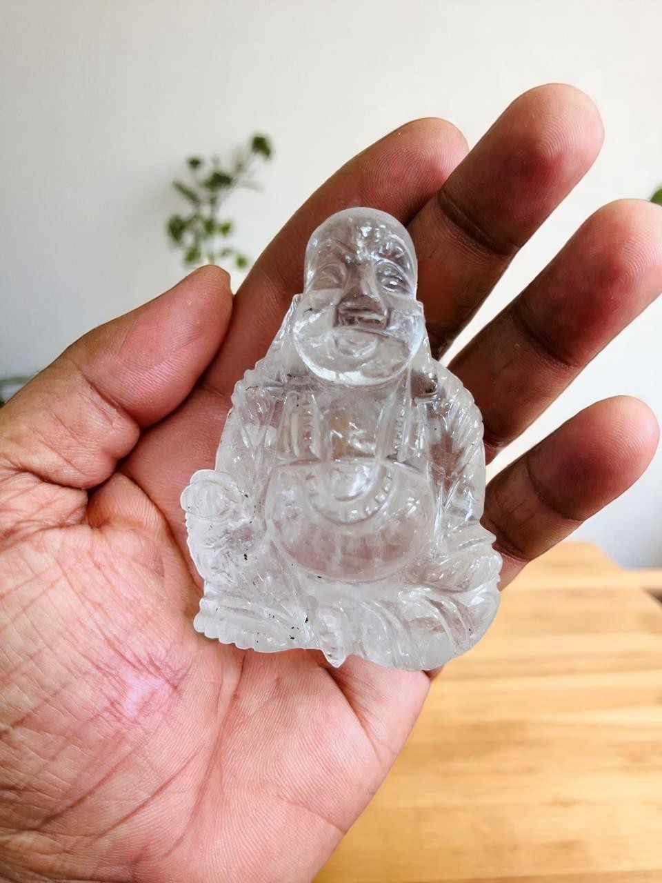 Handmade Clear Quartz Crystal Laughing Buddha Figurine - Large Home Decor Gift