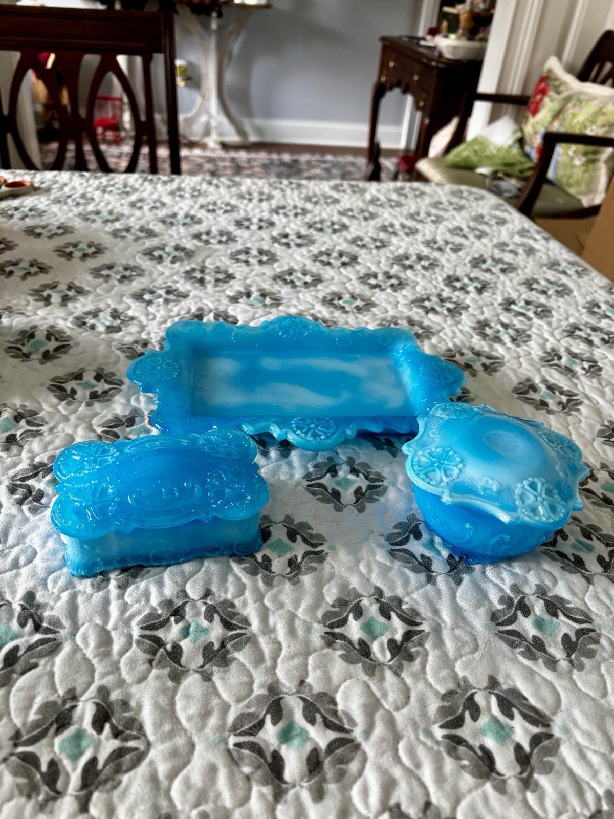 Vintage Blue Opalescent Slag Glass Vanity Set Milk Glass 