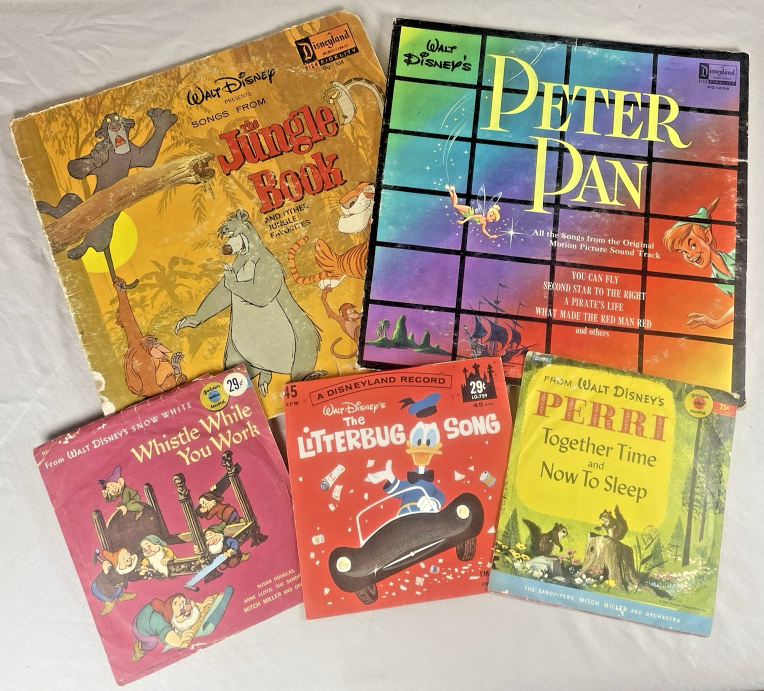 Disney Lot of 5 Vtg Vinyl Records 2 LPs 3 Singles Jungle Bk Peter Pan Snow White