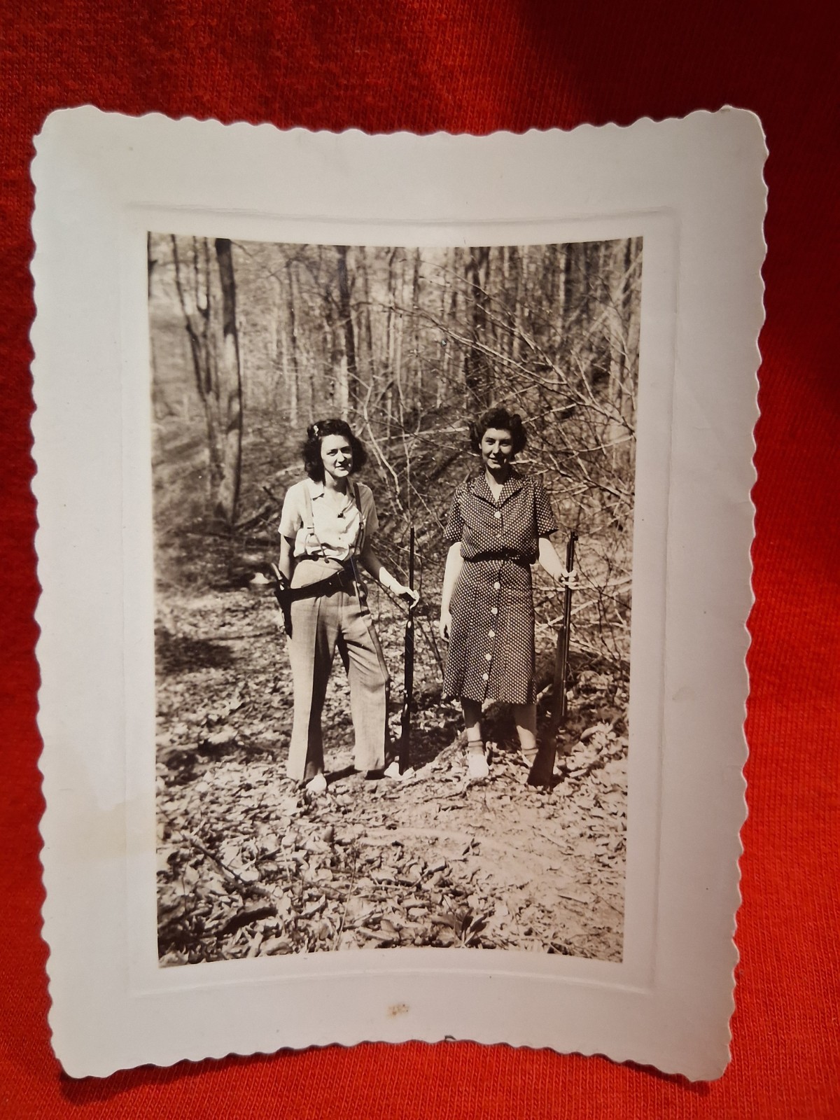 Vintage 1942 B&W Photo Pretty Women With Guns Rifles Shot Guns On Wooded Path