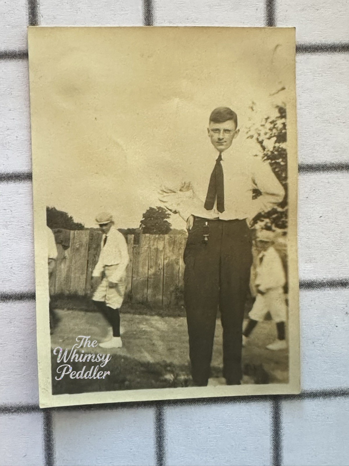 Vintage 1910s Young Man Tie Baseball Players in Background Snapshot Photo