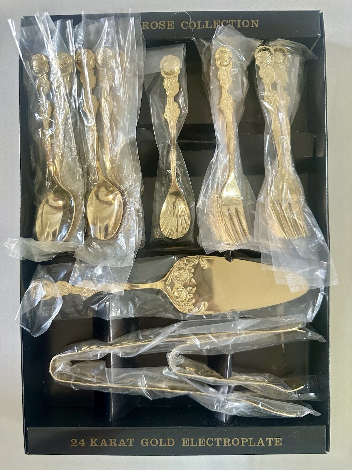 Vtg MCM 24 Karat Gold Electroplate Golden Rose Appetizer Dessert Flatware Set