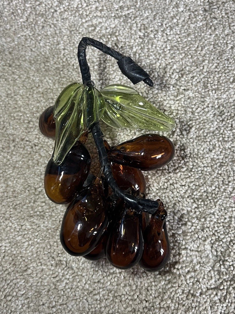 Vintage Blown Glass Brown Grapes Cluster on Stem with Green Leaf