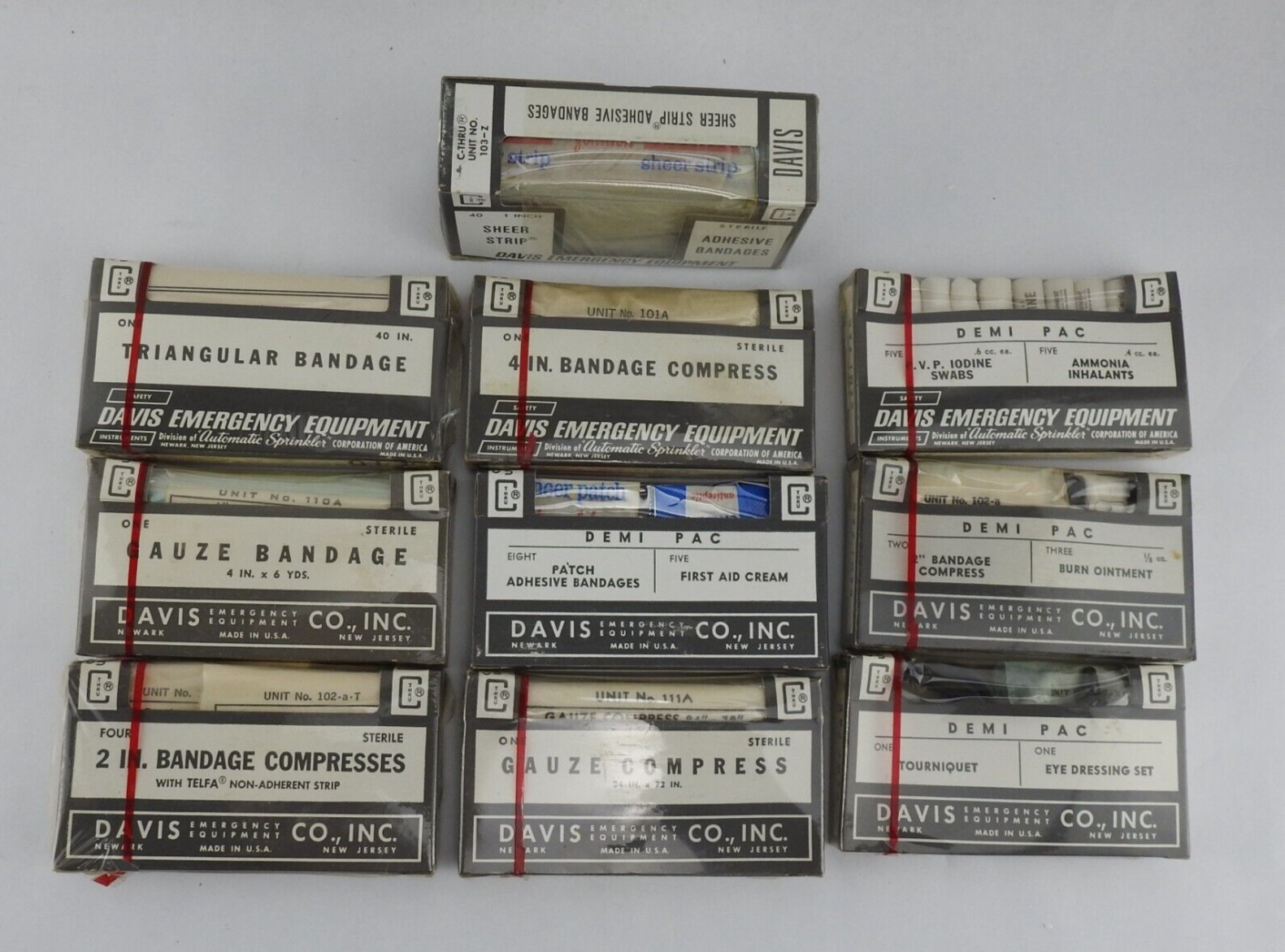 Vintage Davis Emergency Equipment Lot 10pc New NOS Bandages 1st Aid Contents