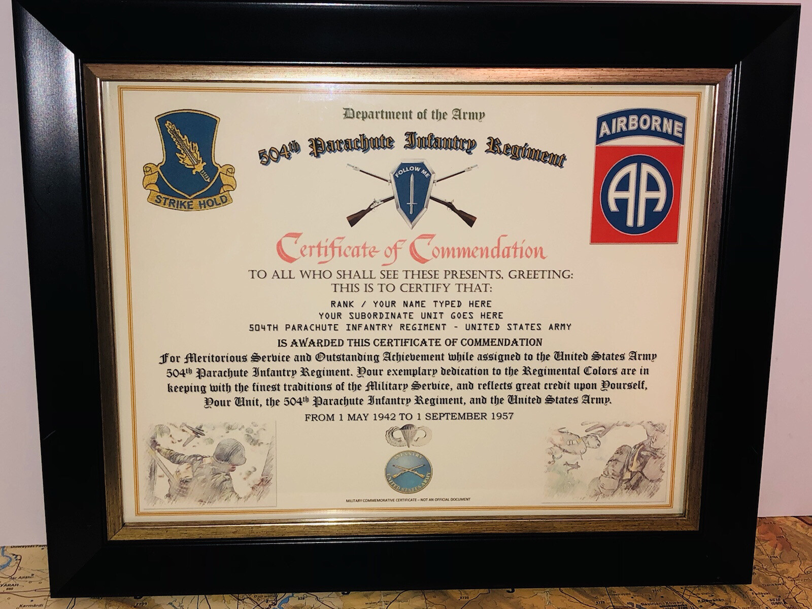 504TH PARACHUTE INFANTRY REGIMENT / COMMEMORATIVE - CERTIFICATE OF COMMENDATION