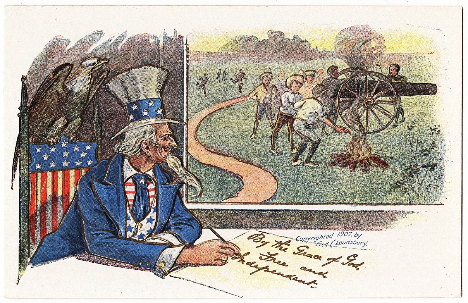 Uncle Sam Cannon Children Patriotic 1907 Fred Lounsbury antique postcard