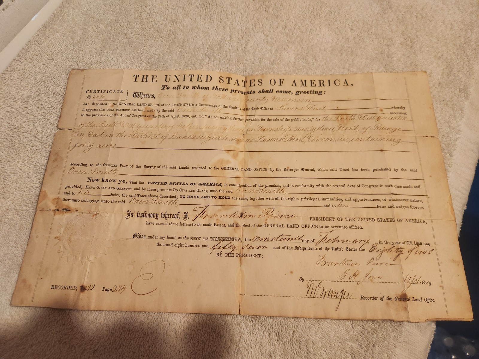 Franklin Pierce, 14th President signed 1857 Wisconsin Land Grant