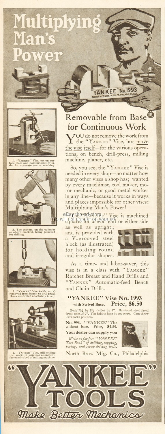 1918 Yankee Tools Vise No 1993 North Bros Philadelphia PA Vintage Print Ad