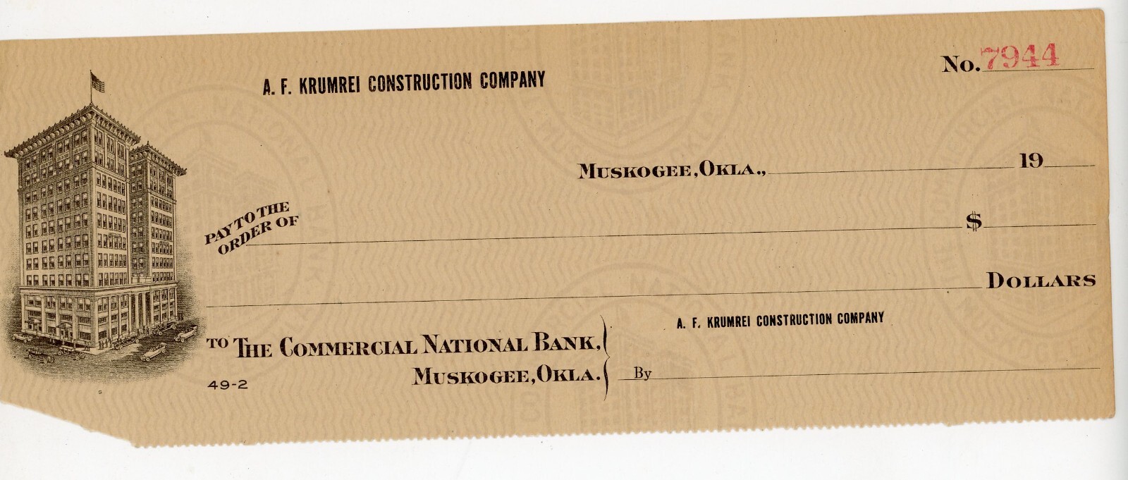 Vintage 1920s A.F. Krumrei Construction Company Check Muskogee Oklahoma Unused