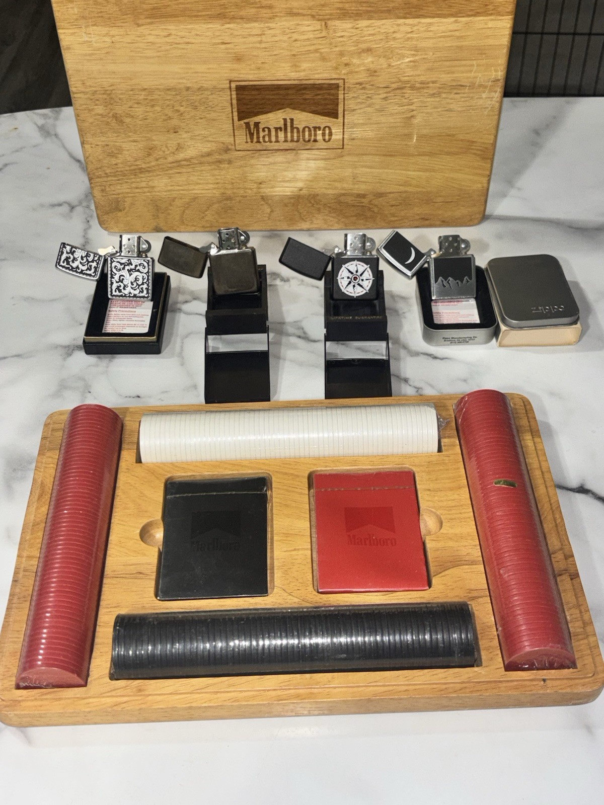 4 New Never Used Old Marlboro  Zippos/New Old Marlboro  Poker Set Never Opened 