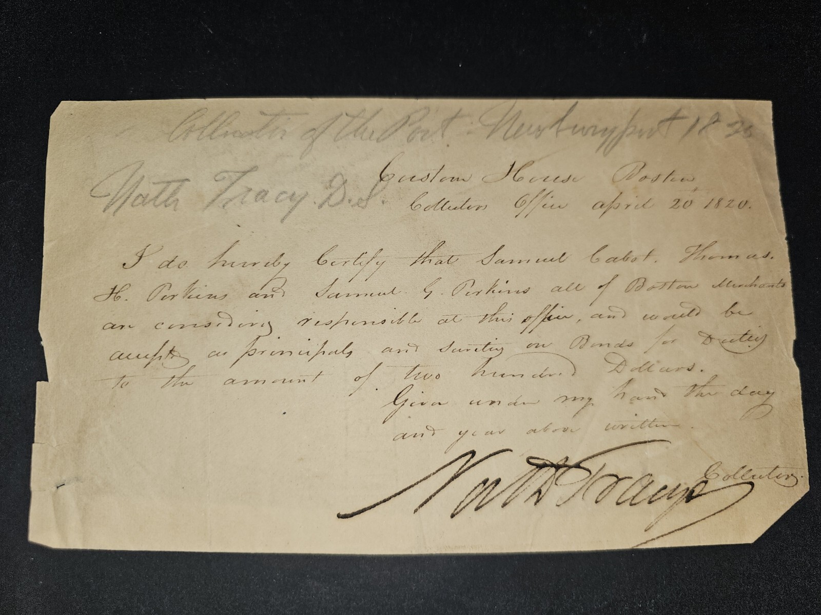 Newburyport Collector Nathaniel Tracy, Merchants Samuel Cabot, Thomas H. Perkins