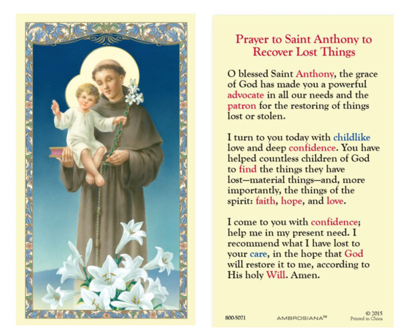 Laminated Prayer to St. Anthony to Recover Lost Things Holy Prayer Card Catholic