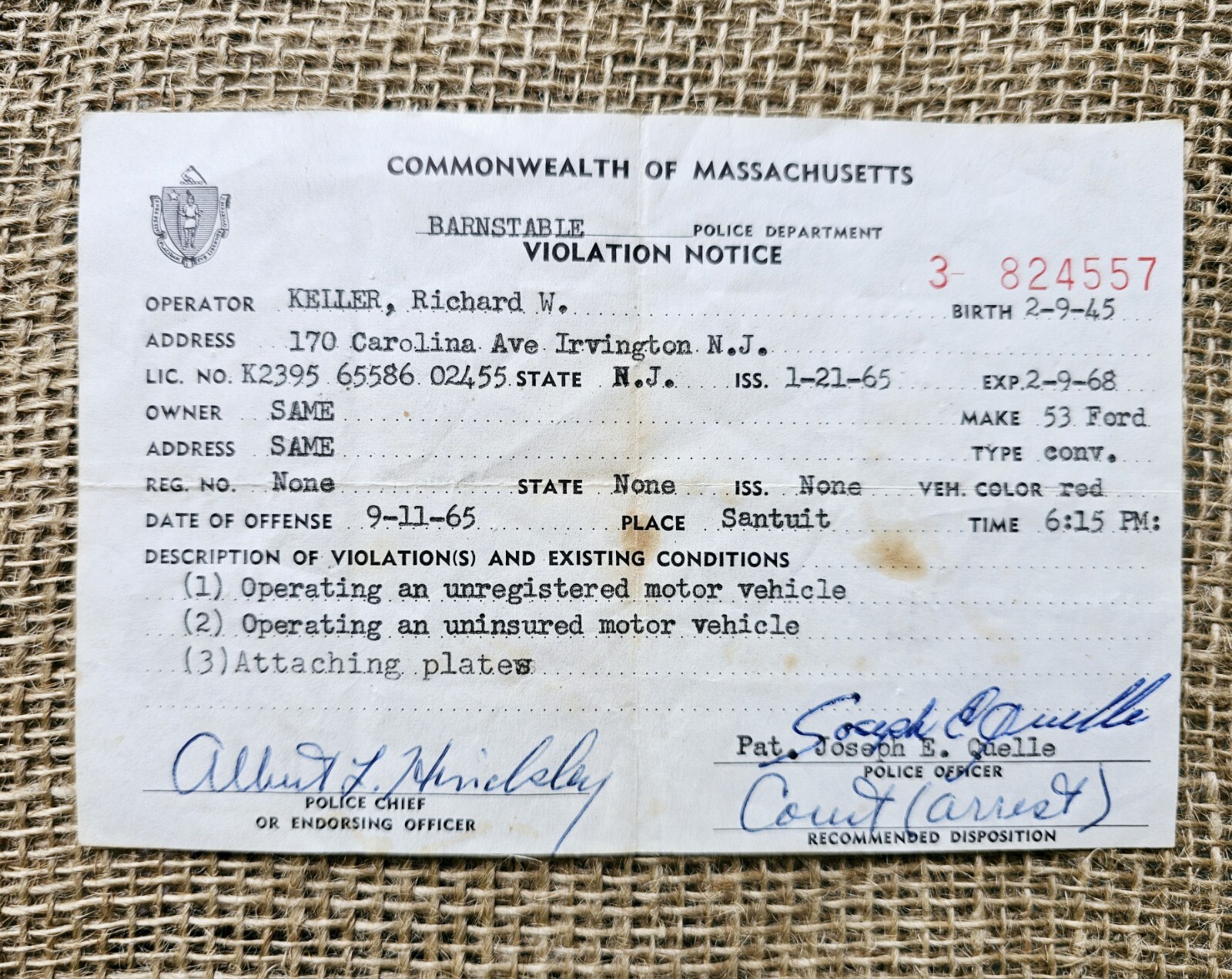 Commonwealth of Massachusetts Violation Auto Traffic Ticket 1965