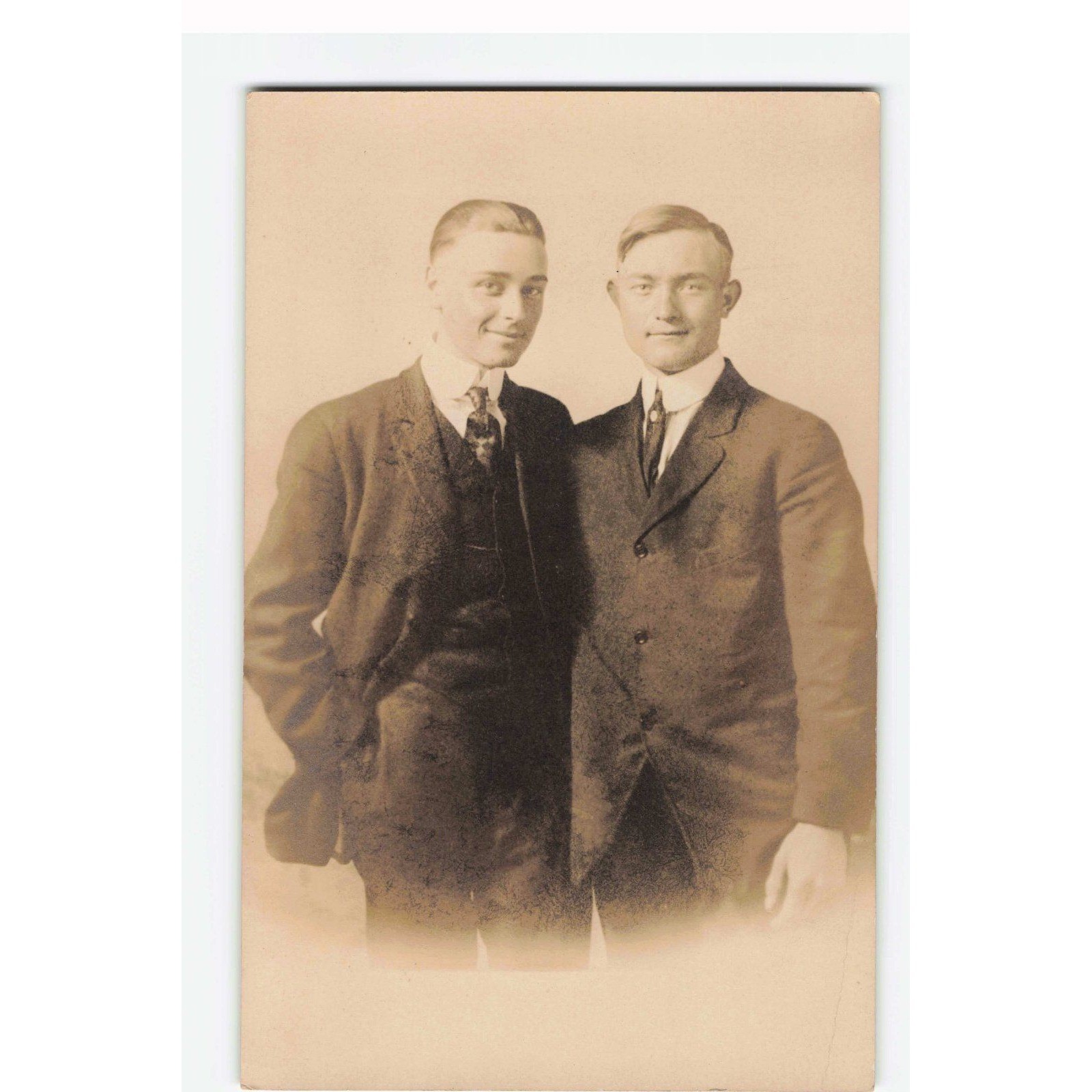 Antique RPPC Real Photo Postcard Two Men in Formal Suits AZO Stamp Box 1907-1918