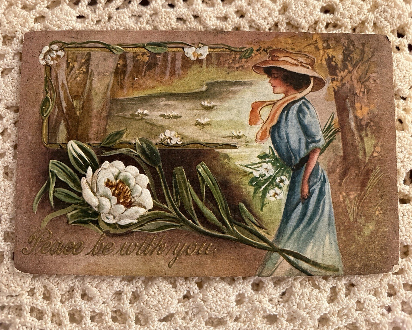 Antique 1911 Embossed Romantic Lady by River Postcard White Flower Posted