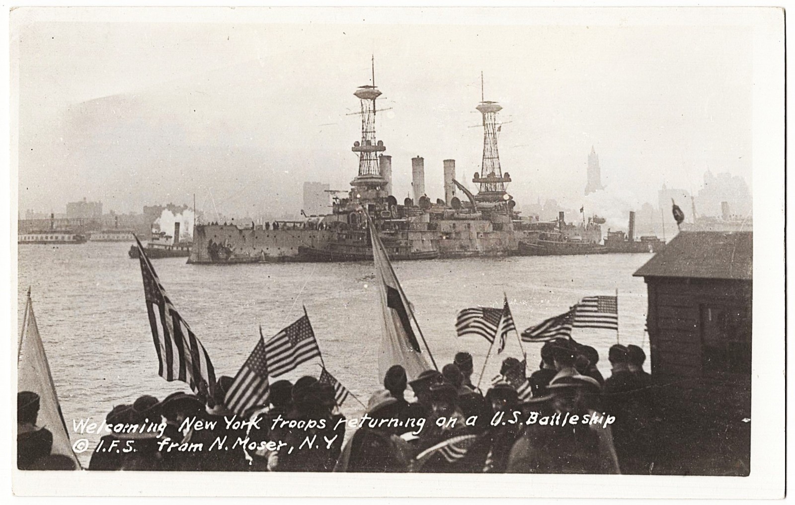 real photo Welcoming New York Troops Returning On A U.S. Battleship antique RPPC