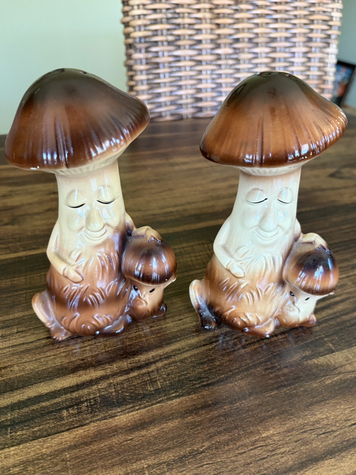 Vintage 1970s Japan Mushroom Salt Pepper Shakers Anthropomorphic Kitsch 6”
