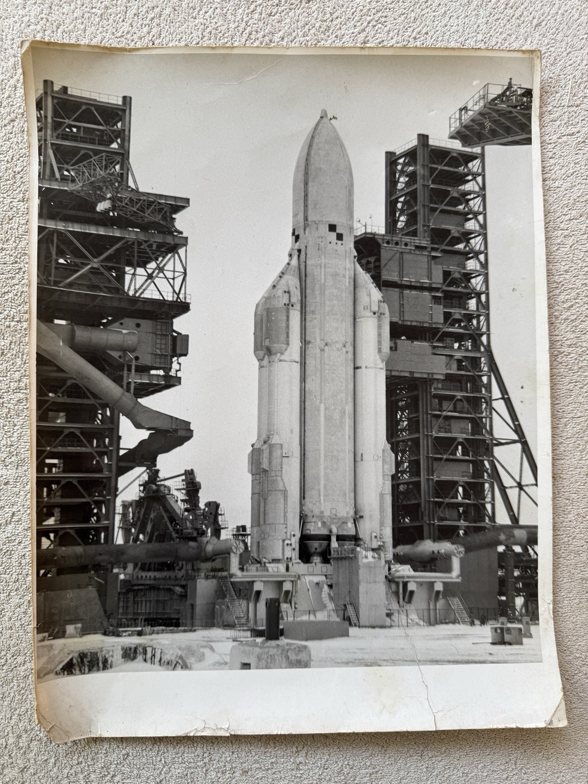 Vintage USSR Space Photo Baikonur Energia Rocket Launch Pad Stamped 1988 15x12\