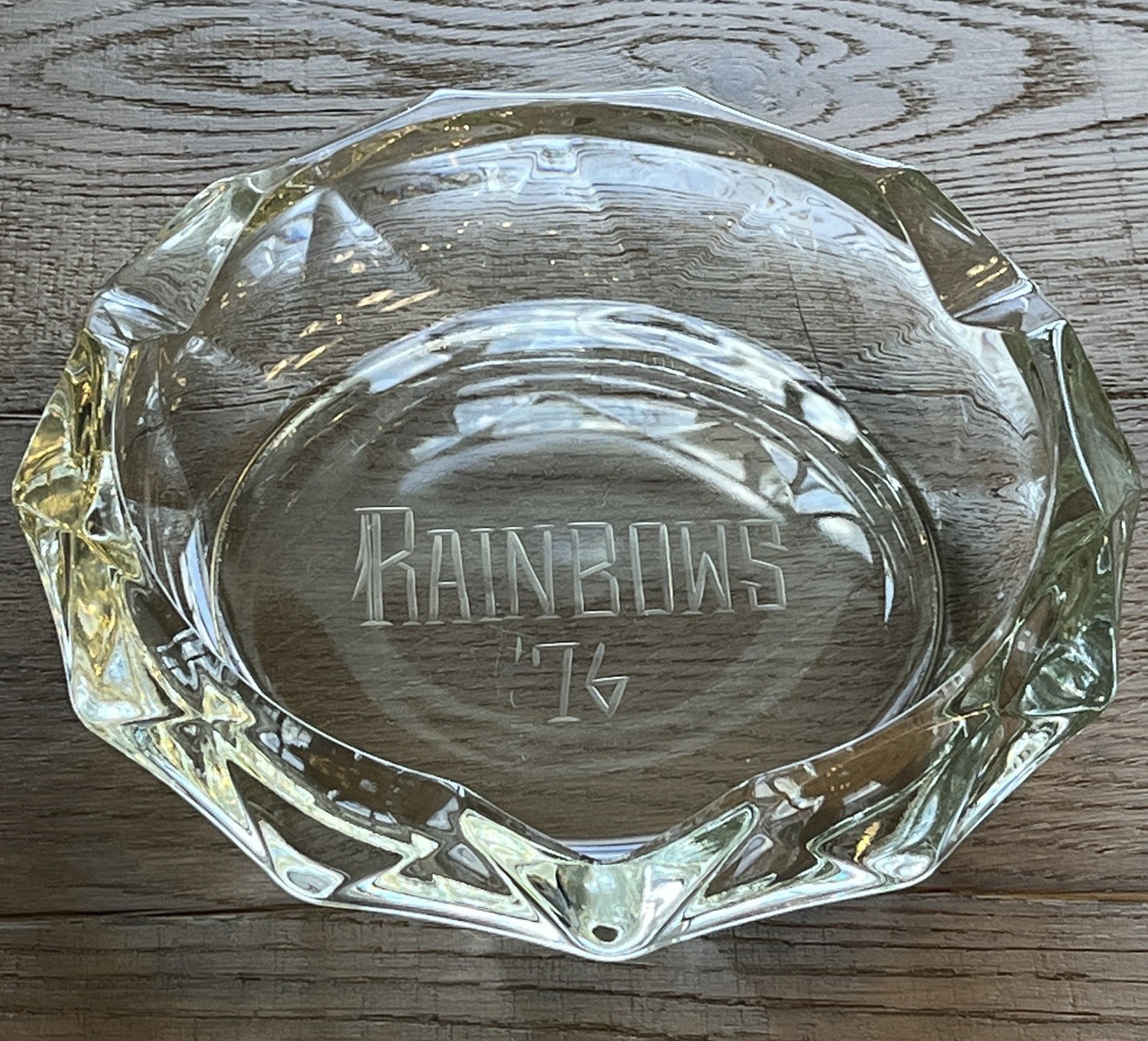 Vtg Heavy Cut Crystal Ash Tray MCM 1970s 8” Round Retro Decor Rainbows ‘76 Etch