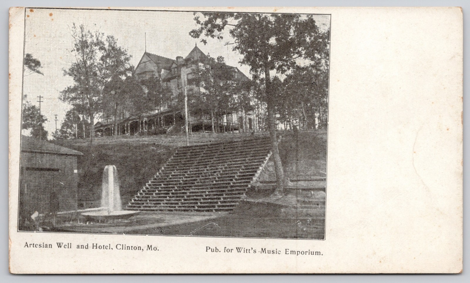 Clinton Missouri MO Artesian Well Hotel Witt Music Emporium Postcard c1910s