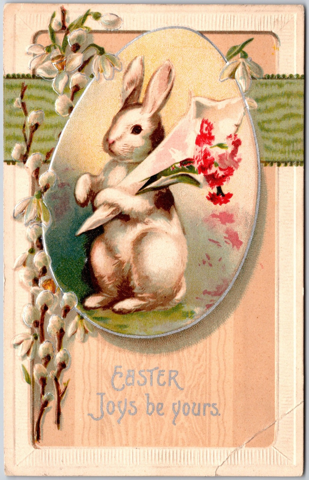 Easter Joys Be Yours, 1909 Bunny In Egg Holding Flowers Pussy Willows, Postcard