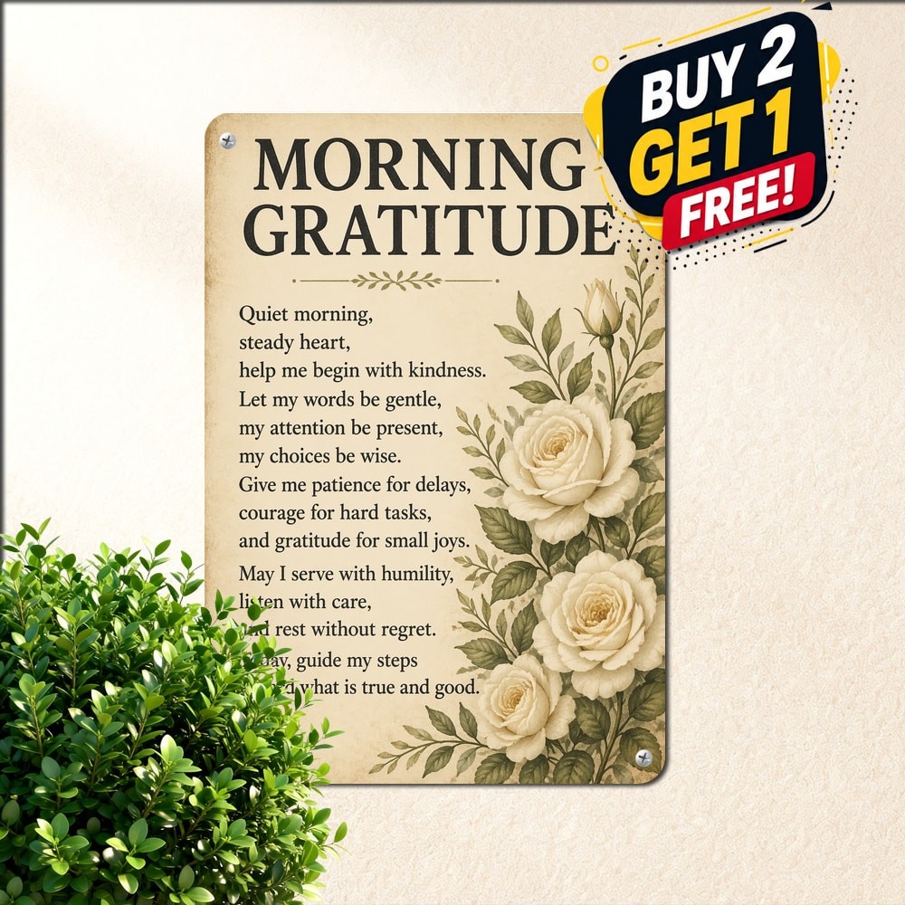 Morning Gratitude Prayer Vintage Style Typography White Plaque Metal Tin Sign