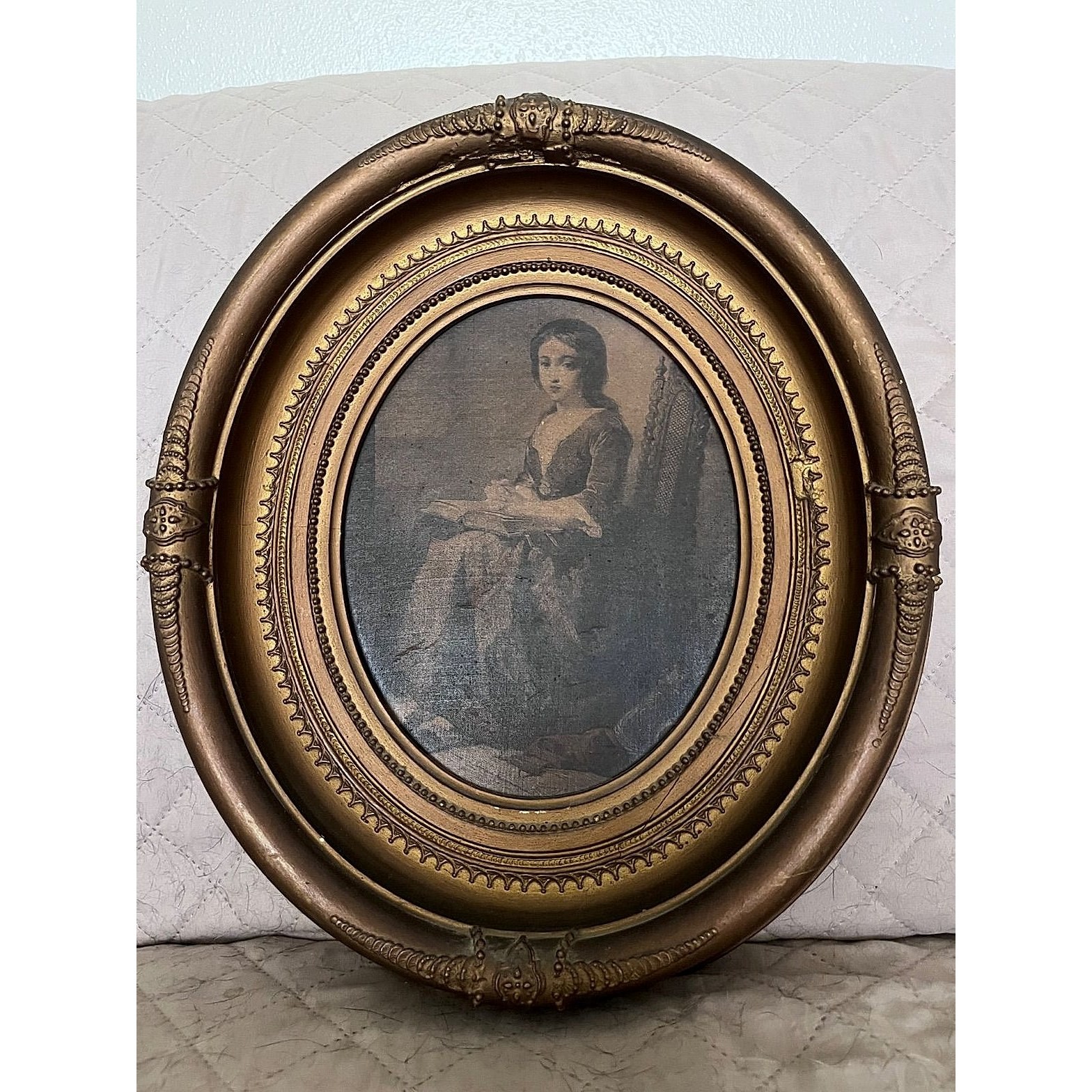 Antique Victorian Oval Gilt Gesso Frame with 'Household Devotion' Engraving, Sam